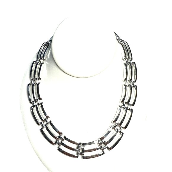 Geometric Link Necklace Silvertone Statement Chain Chunky Modern Jewelry - Picture 6 of 7